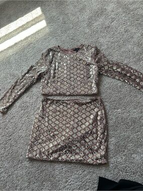 Sequin Two-Piece Crop Top and Skirt Set - Rose Mauve with silver sequins